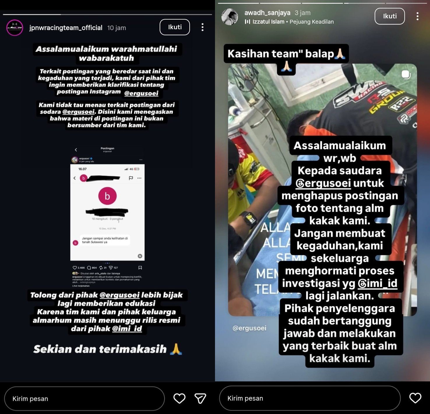 Adik almarhum Awhin Sanjaya meminta EO menghapus unggahan yang memicu kegaduhan. Keluarga dan pihak terkait memilih menunggu hasil investigasi IMI dan mengimbau publik tetap tenang.