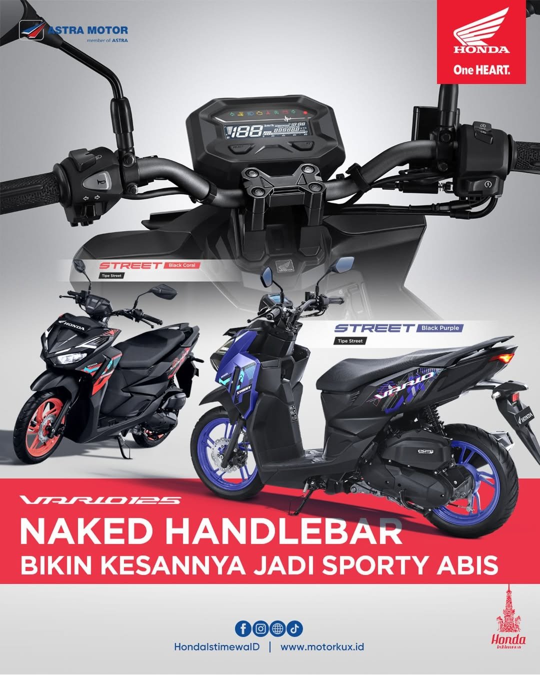 Honda Vario 125 Street hadir dengan naked handle bar yang membuat tampilannya lebih sporty dan agresif. Simak keunggulan skutik Honda yang bikin riding makin seru ini.