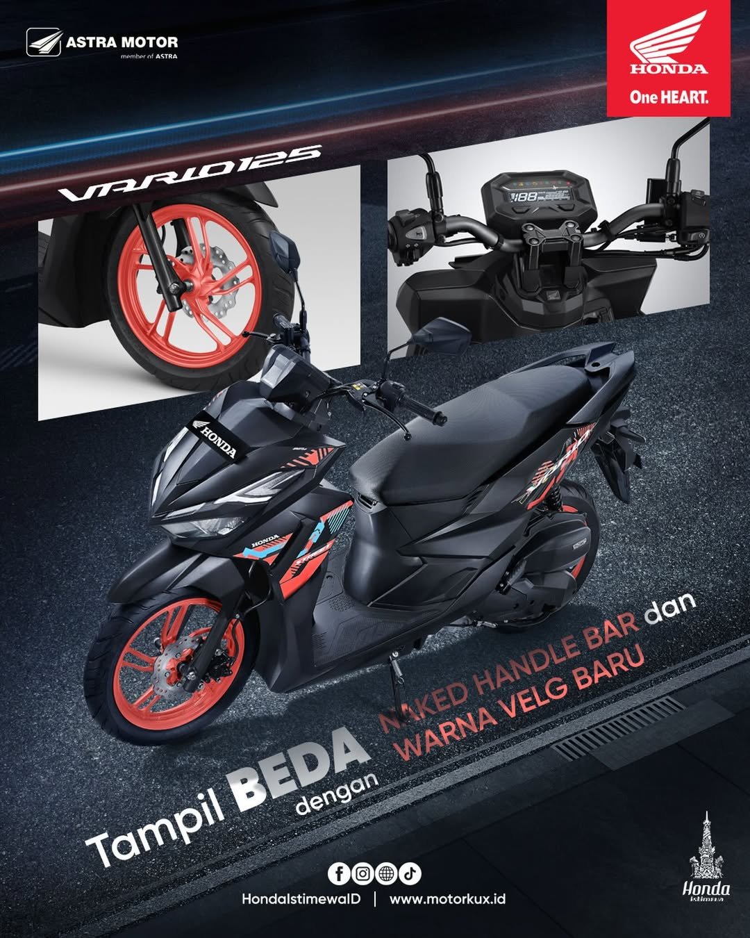 Honda Vario 125 Street tampil makin stylish dengan Naked Handle Bar, warna Black Coral yang elegan, dan velg baru yang sporty. Simak keunggulan serta daya tarik terbarunya di sini.