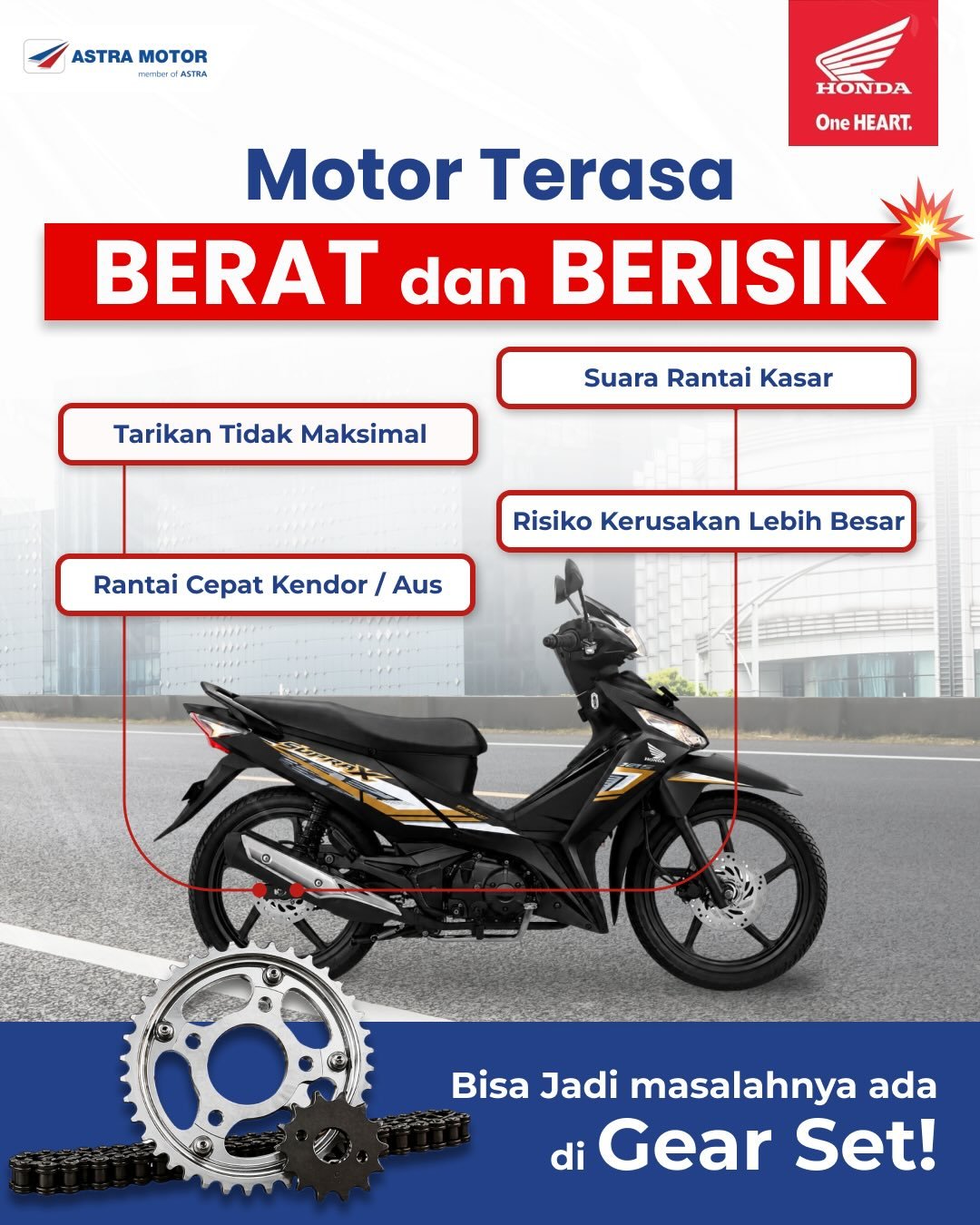 Motor terasa berat dan suara kasar bisa jadi tanda gear set bermasalah. Gunakan Gear Set Honda untuk menjaga performa motor tetap halus, awet, dan aman di jalan.