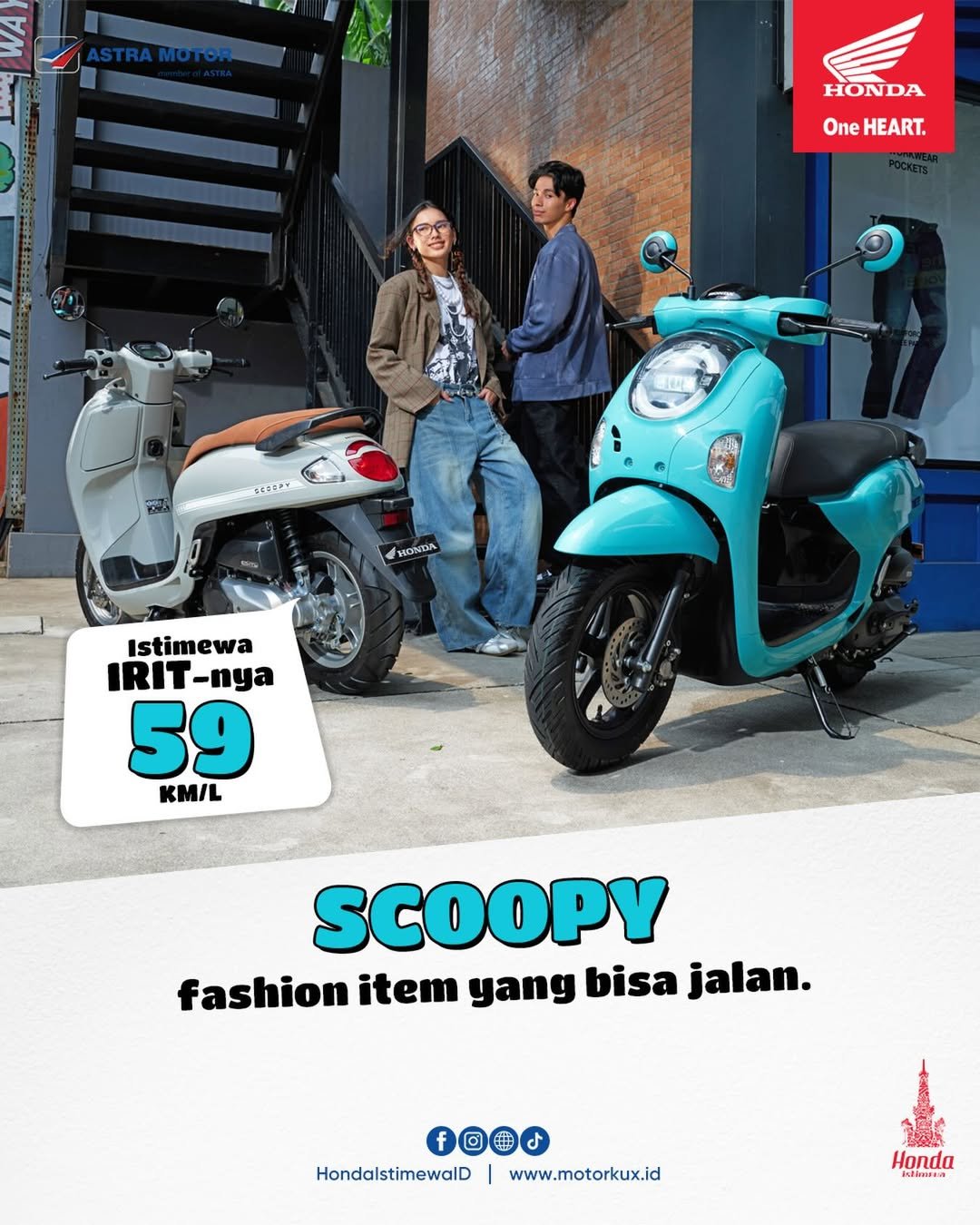 Honda Scoopy bukan sekadar motor, tapi juga fashion statement anak muda. Dengan desain stylish dan konsumsi BBM hingga 59 km/liter, Scoopy cocok untuk city riding dan aktivitas harian.