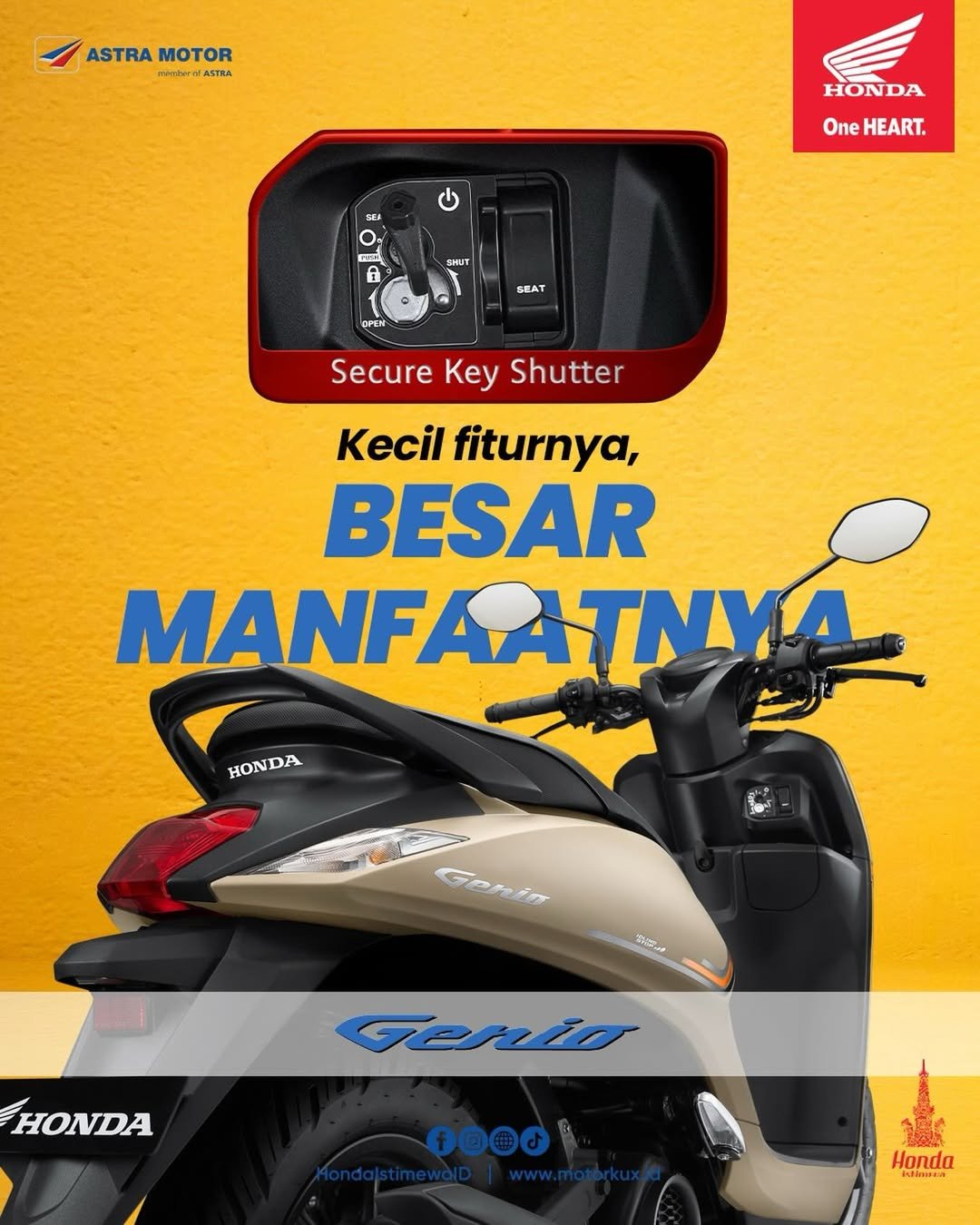 Honda Genio hadir dengan Secure Key Shutter, fitur keamanan sederhana yang membantu melindungi kunci kontak dari risiko kejahatan sehingga motor lebih aman saat diparkir.