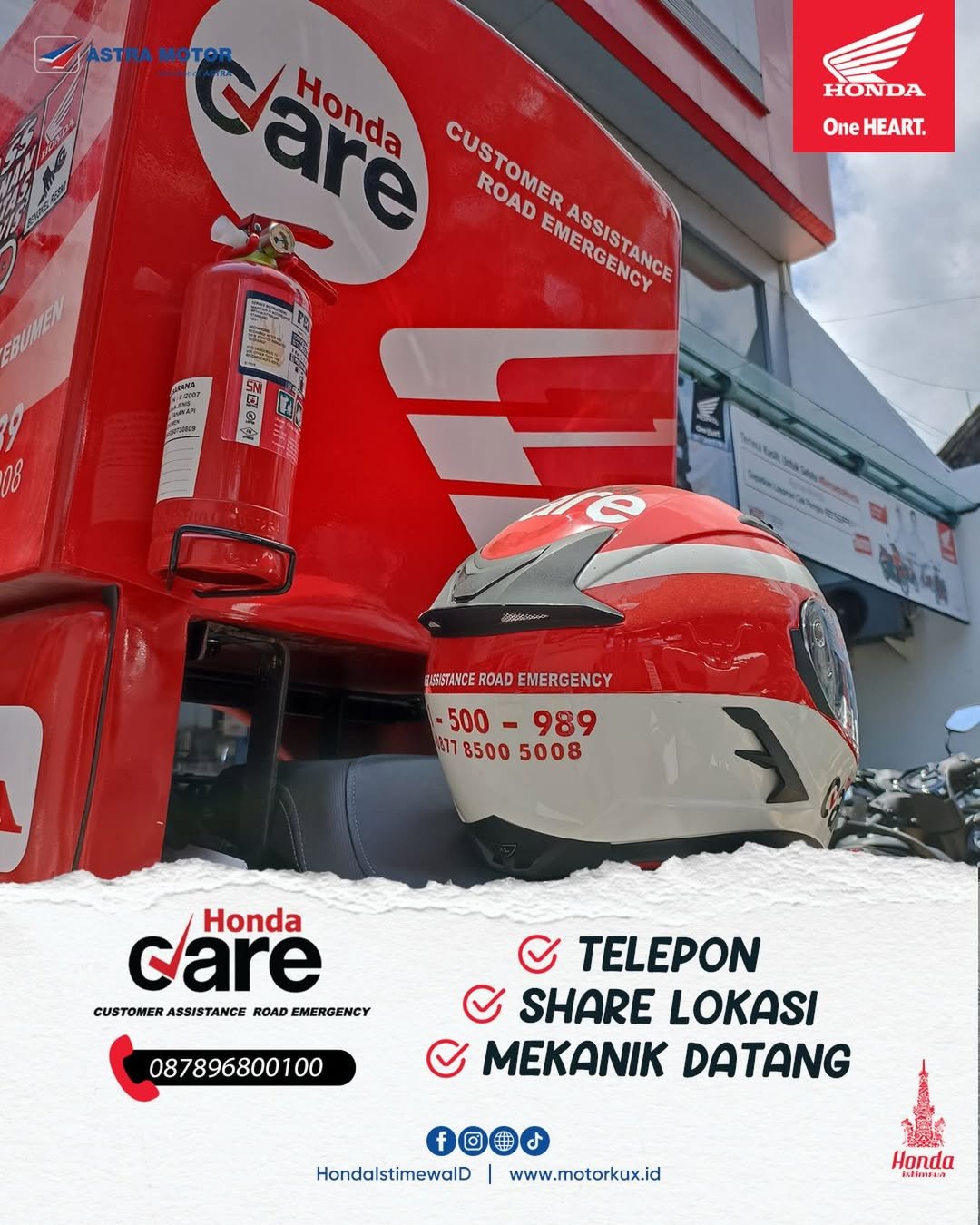 Honda CARE siap membantu pengguna motor Honda saat mengalami kendala di jalan. Cukup telepon, bagikan lokasi, dan mekanik akan datang dengan cepat dan praktis.