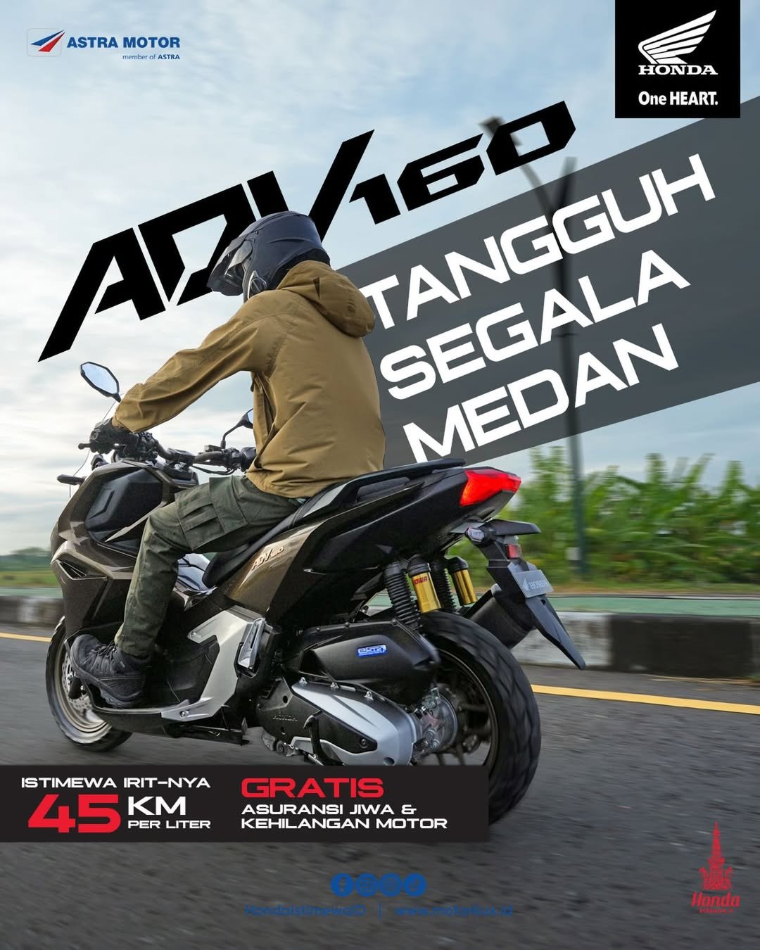 Honda ADV160 hadir dengan karakter adventure yang tangguh, konsumsi BBM efisien, dan kenyamanan untuk berbagai medan. Dilengkapi bonus asuransi jiwa serta perlindungan kehilangan kendaraan pada program tertentu.