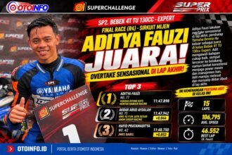 Aditya Fauzi juara Bebek 4T TU 130cc Expert Superprix 2026 di Sirkuit Mijen Semarang setelah menyalip Akbar Abud pada lap terakhir.