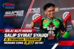 Alfi Husni pembalap SAE Racing Team merayakan kemenangan kelas Bebek 4T TU 150cc Expert di Final SuperPrix Mijen 2026 setelah mengalahkan Syirat Syauqi dengan selisih 0,217 detik.