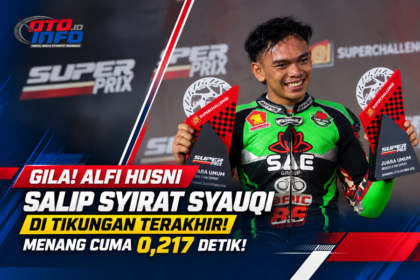 Alfi Husni pembalap SAE Racing Team merayakan kemenangan kelas Bebek 4T TU 150cc Expert di Final SuperPrix Mijen 2026 setelah mengalahkan Syirat Syauqi dengan selisih 0,217 detik.