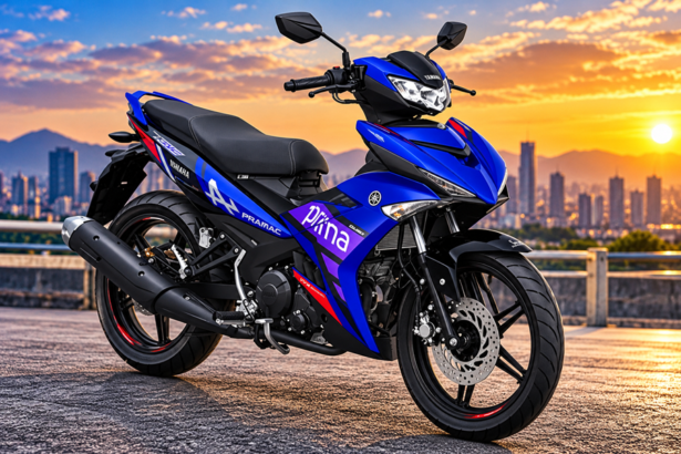Ilustrasi AI Yamaha MX King 150 warna biru dengan grafis sporty, velg alloy, dan rem cakram.
