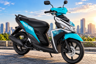 Ilustrasi AI skuter Yamaha Mio M3 warna toska, hitam, dan putih dengan desain bodi sporty.