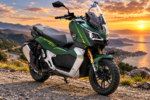Ilustrasi AI skuter Honda ADV160 bergaya adventure dengan bodi hijau, windshield tinggi, dan desain tangguh.