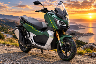 Ilustrasi AI skuter Honda ADV160 bergaya adventure dengan bodi hijau, windshield tinggi, dan desain tangguh.