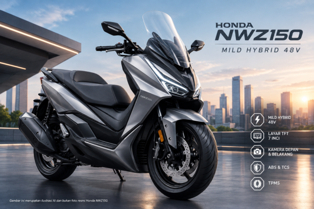 Ilustrasi skutik Honda NWZ150 bergaya maxi dengan teknologi mild hybrid 48V