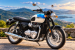 Ilustrasi AI motor Triumph Bonneville klasik 350 cc warna biru putih dengan desain retro dan detail krom
