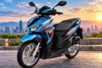 Ilustrasi AI skuter Modenas Brushy 125 warna biru dengan grafis merah putih dan desain bodi sporty