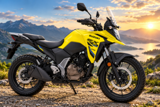 Ilustrasi AI Suzuki V-Strom 250 SX warna kuning dengan desain motor adventure dan latar pegunungan.