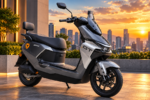 Ilustrasi AI motor listrik Yadea GT G570 warna abu-abu dengan desain modern, windshield tinggi, dan sandaran penumpang.