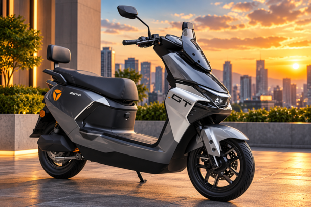 Ilustrasi AI motor listrik Yadea GT G570 warna abu-abu dengan desain modern, windshield tinggi, dan sandaran penumpang.