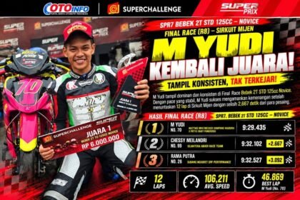 M Yudi juara Bebek 2T STD 125cc Novice Final SuperPrix Mijen 2026 setelah tampil dominan selama 12 lap.