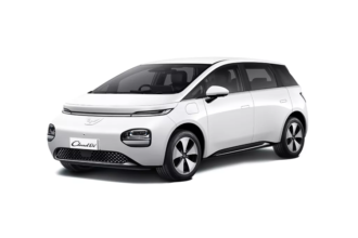 Mobil listrik Wuling Cloud EV putih tampak depan samping dengan desain modern