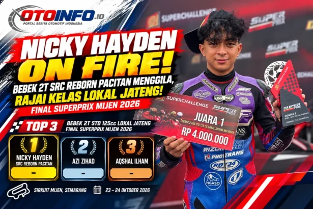 Nicky Hayden merayakan kemenangan Bebek 2T STD 125cc Lokal Jateng bersama SRC Reborn Pacitan di Final SuperPrix Mijen 2026.