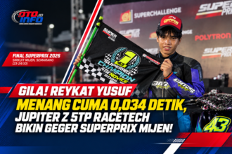 Reykat Yusuf Fadhilah pembalap Racetech Performance merayakan kemenangan kelas Bebek 4T TU 130cc Novice di Final SuperPrix Mijen 2026.