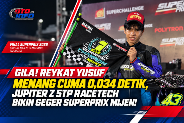 Reykat Yusuf Fadhilah pembalap Racetech Performance merayakan kemenangan kelas Bebek 4T TU 130cc Novice di Final SuperPrix Mijen 2026.