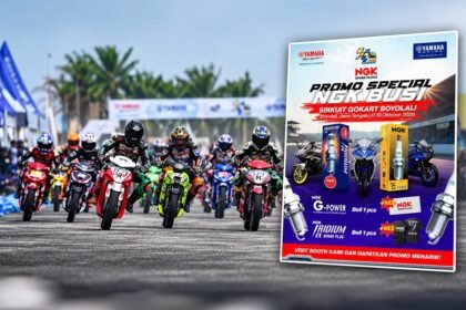 Pebalap Yamaha Cup Race 2026 di lintasan balap dengan promosi NGK Busi dan merchandise eksklusif di Boyolali.