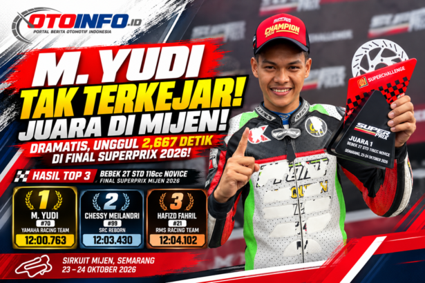 M. Yudi #70 merayakan kemenangan kelas Bebek 2T STD 116cc Novice pada Final SuperPrix Mijen 2026 di Semarang.
